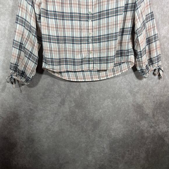 Faherty Top Womens Cream Gray Plaid Button Front Long Sleeves V-Neck Casual‎ - Picture 3 of 9